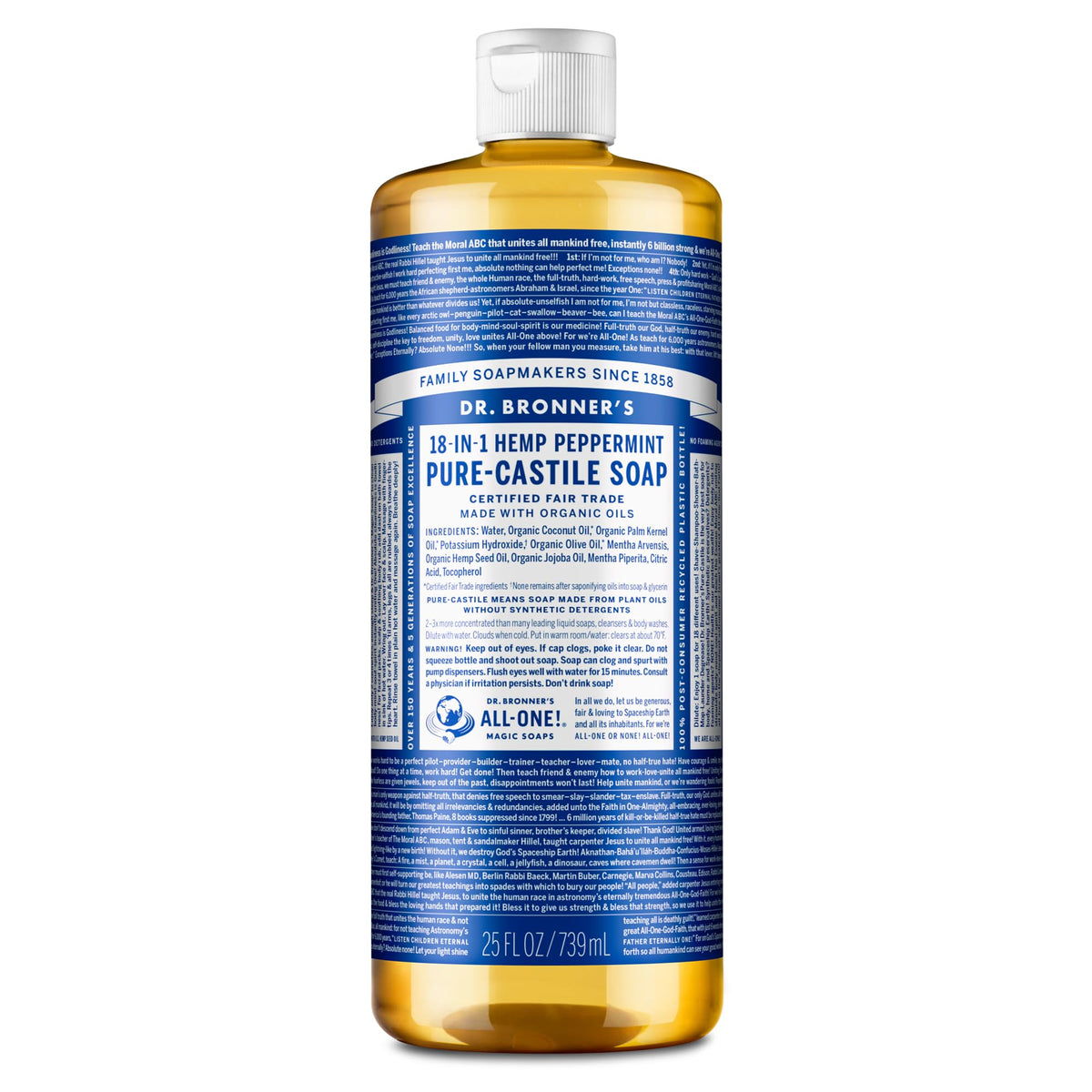 Dr. Bronner's front bottle showing hemp peppermint label and size benefit