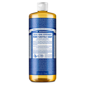 Dr. Bronner's front bottle showing hemp peppermint label and size benefit