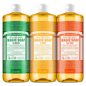 Dr. Bronner's front packaging showing three 32 oz bottles for versatile cleaning