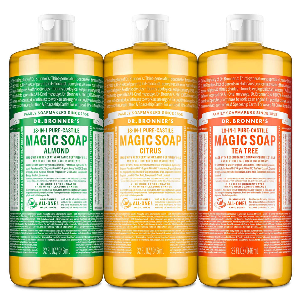 Dr. Bronner's front packaging showing three 32 oz bottles for versatile cleaning