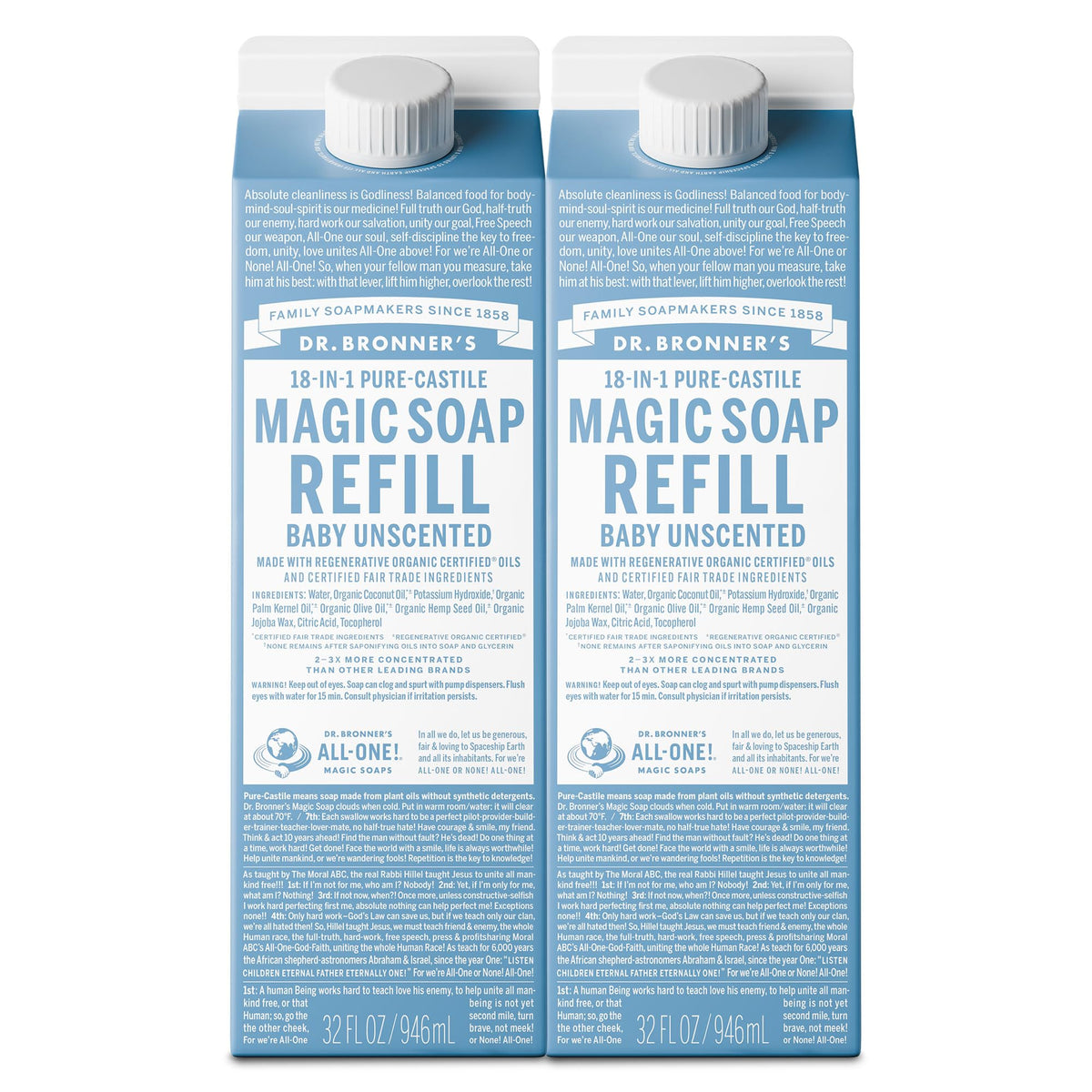 Dr. Bronner's front packaging showing baby unscented refill and benefits