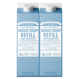 Dr. Bronner's front packaging showing baby unscented refill and benefits