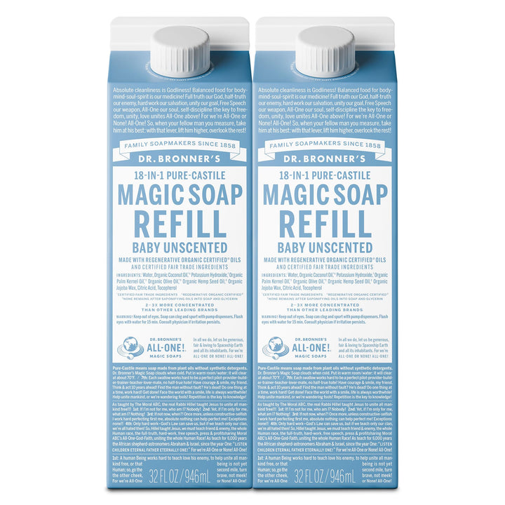 Dr. Bronner's front packaging showing baby unscented refill and benefits