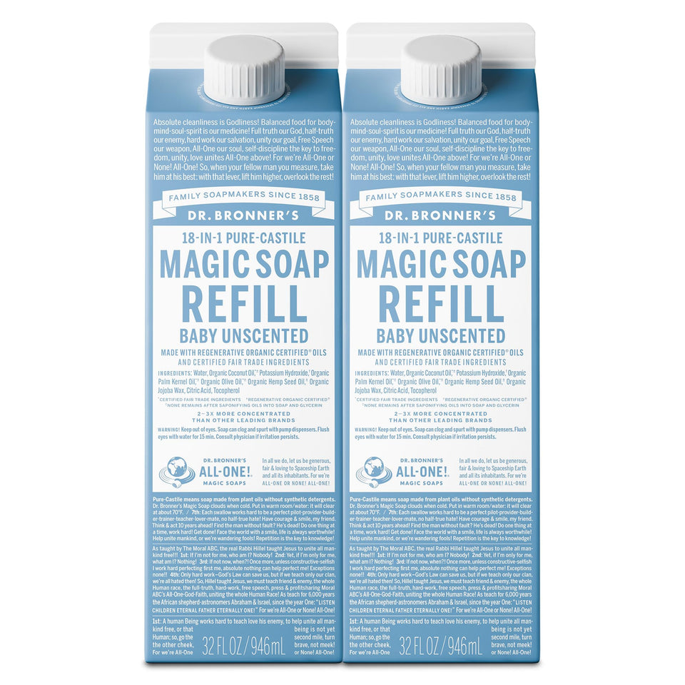 Dr. Bronner's front packaging showing baby unscented refill and benefits