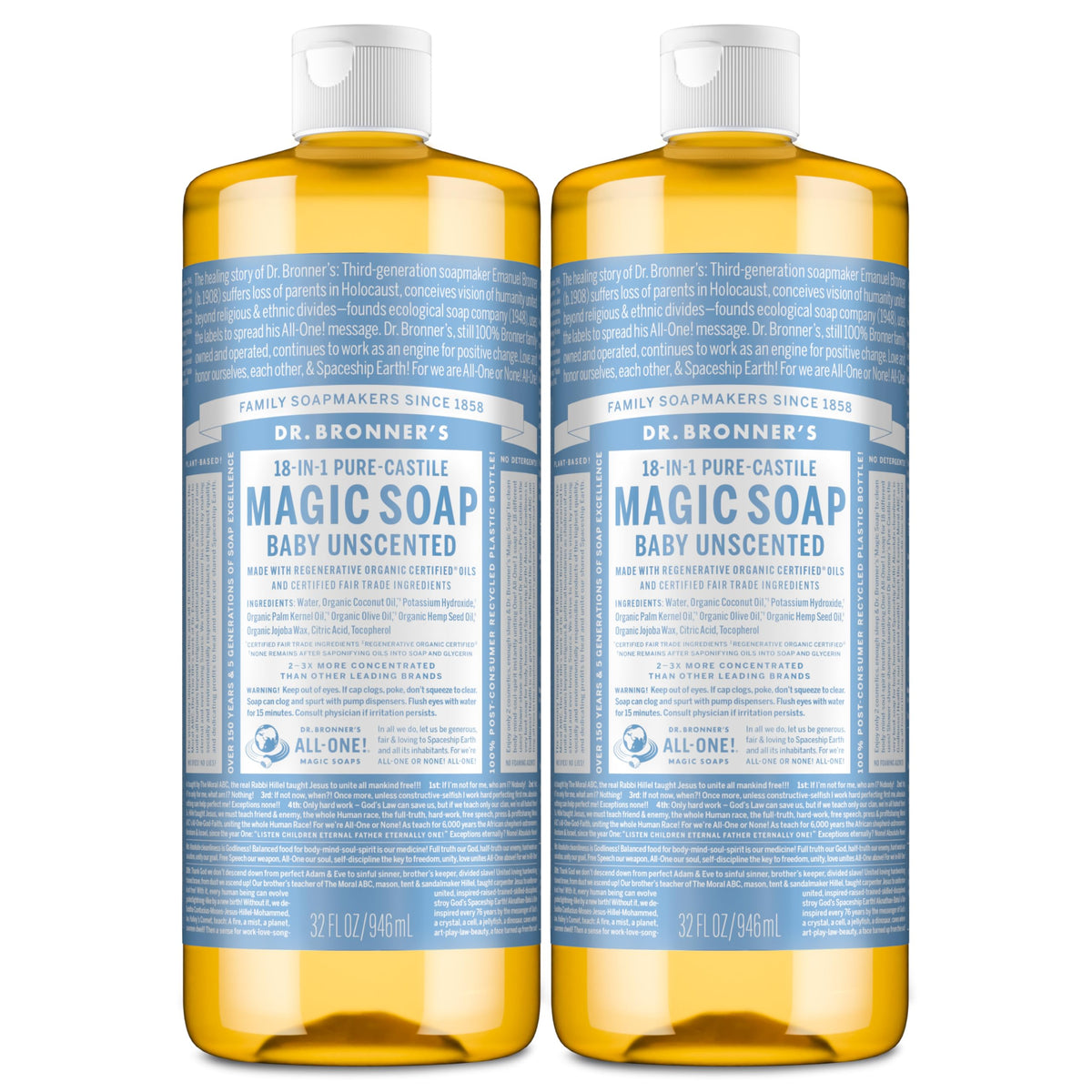 Dr. Bronner's front packaging showing unscented baby soap and clear benefits