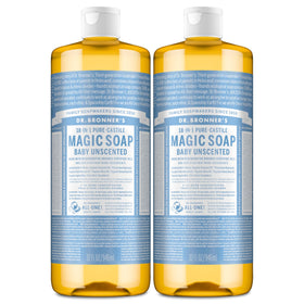Dr. Bronner's front packaging showing unscented baby soap and clear benefits
