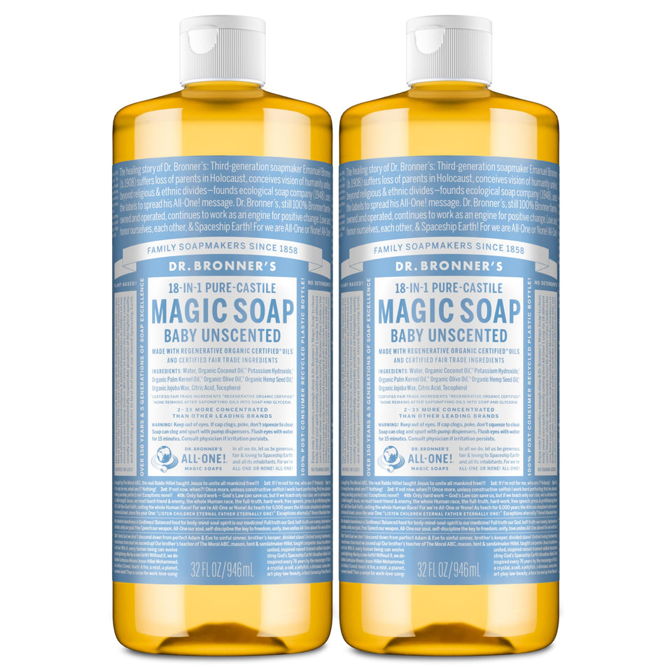 Dr. Bronner's front packaging showing unscented baby soap and clear benefits