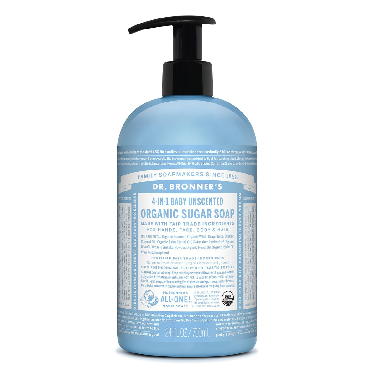 Dr. Bronner's front packaging showing clear label and unscented benefit