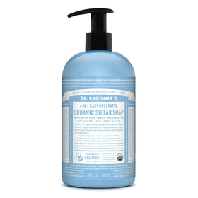 Dr. Bronner's front packaging showing clear label and unscented benefit