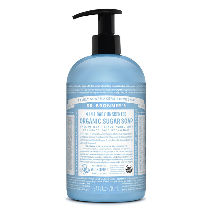 Dr. Bronner's front packaging showing clear label and unscented benefit