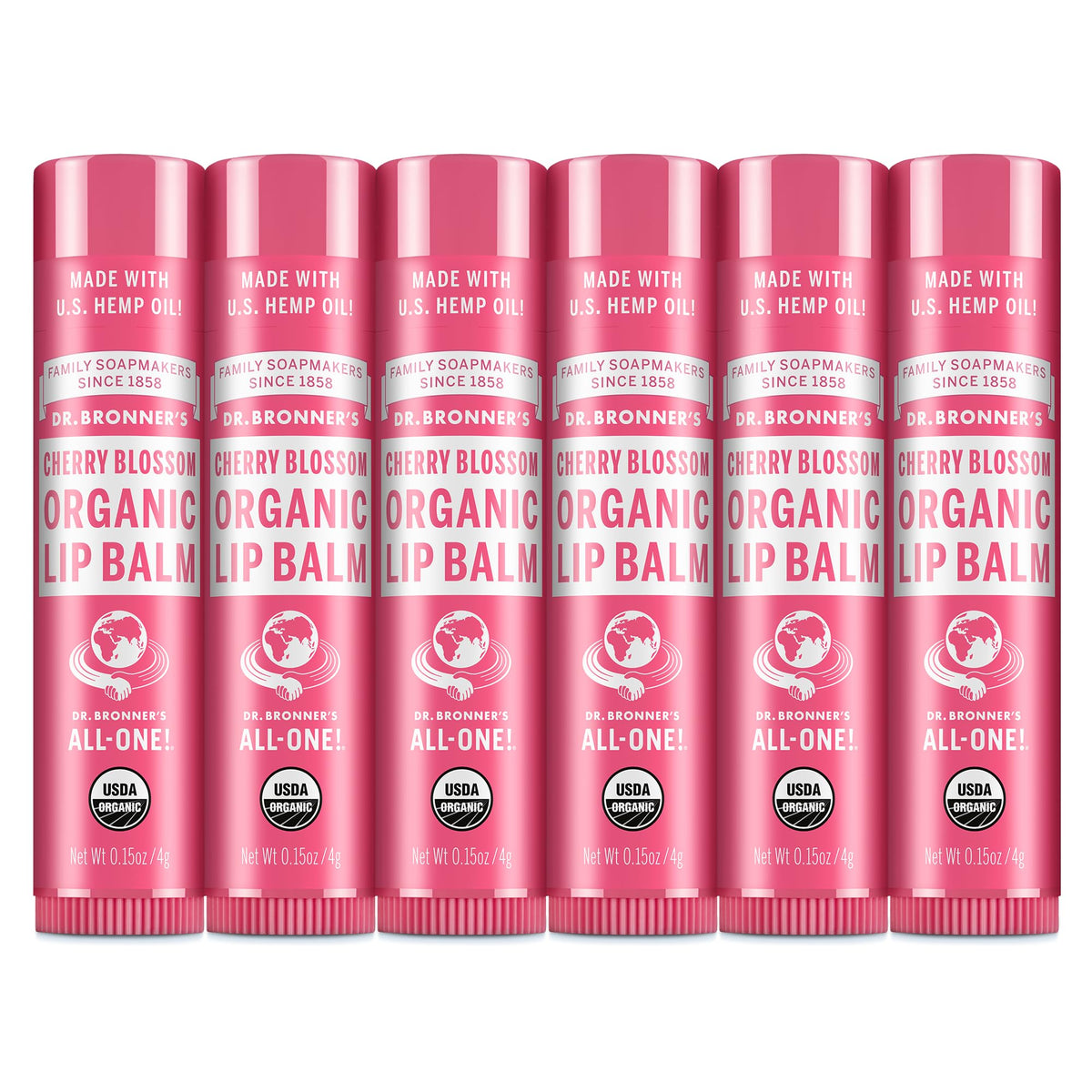 Dr. Bronner's front packaging cherry blossom showing natural lip care benefits
