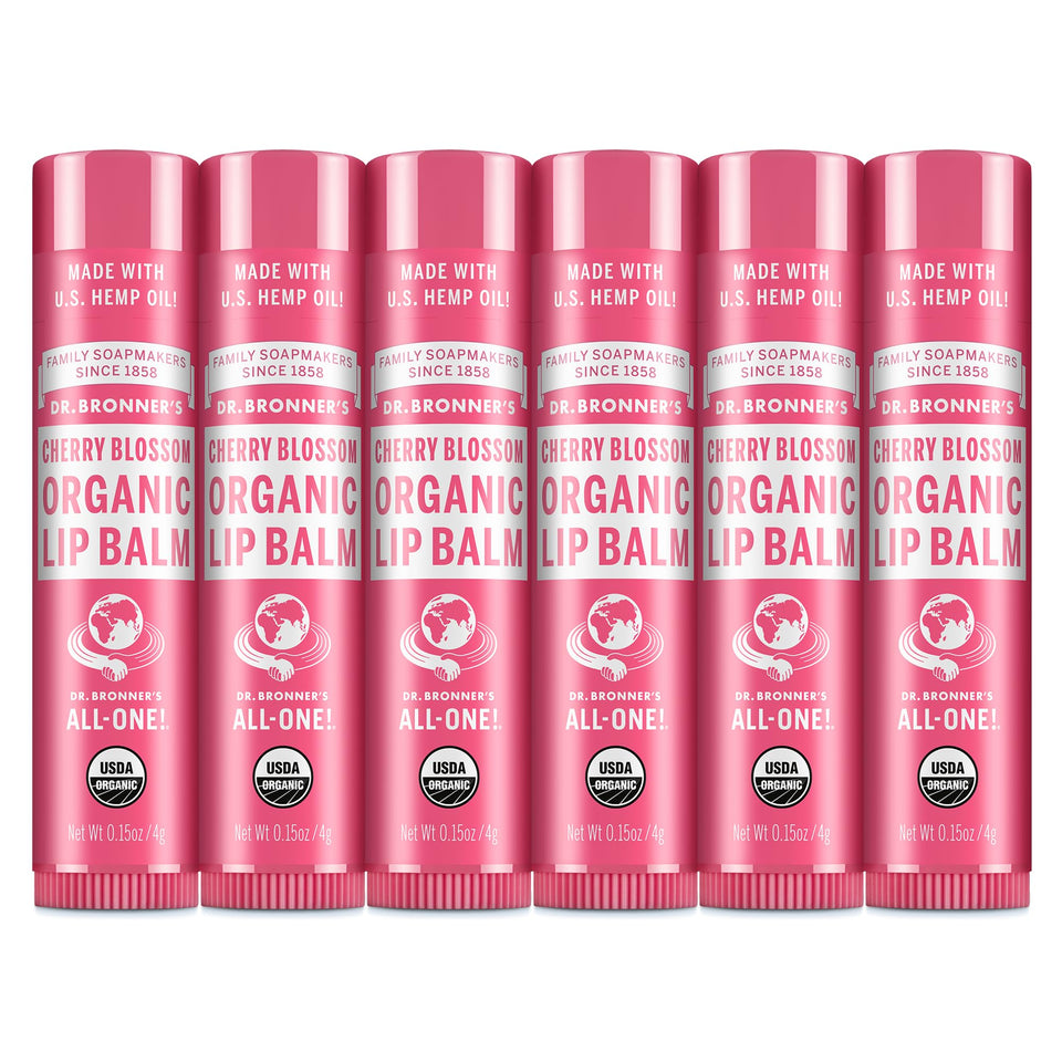 Dr. Bronner's front packaging cherry blossom showing natural lip care benefits