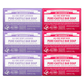 Dr. Bronner's front packaging showing Lavender and Rose variety pack benefits