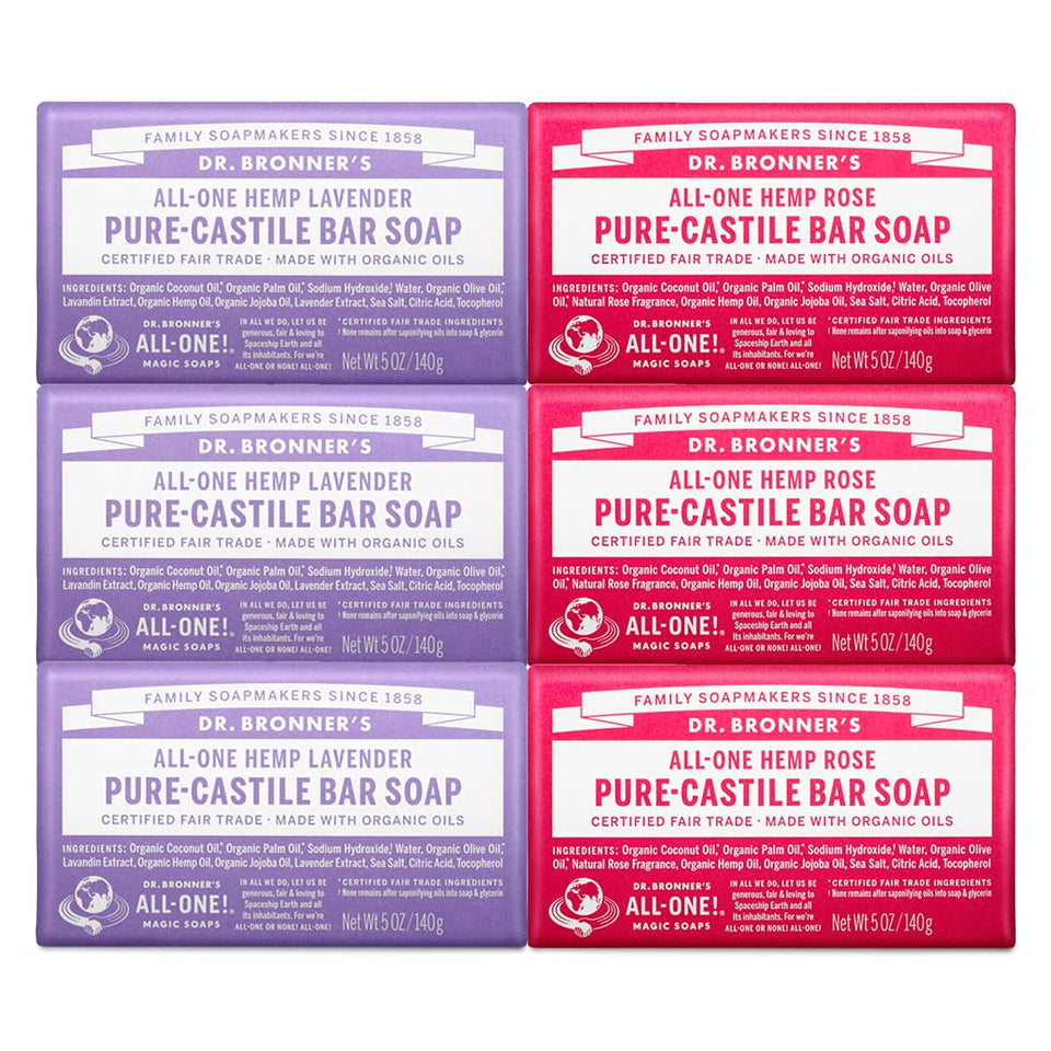 Dr. Bronner's front packaging showing Lavender and Rose variety pack benefits