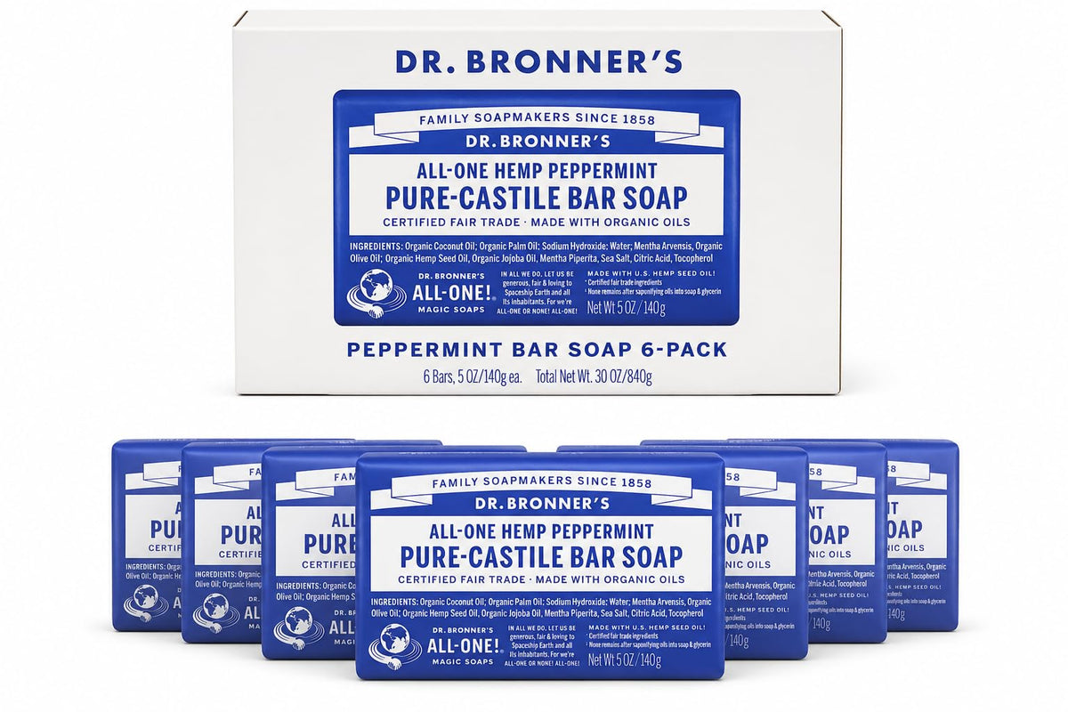 Dr. Bronner's front packaging 6-pack showing value and natural peppermint scent benefits