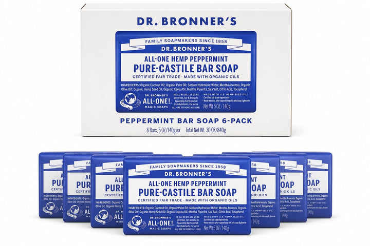 Dr. Bronner's front packaging 6-pack showing value and natural peppermint scent benefits