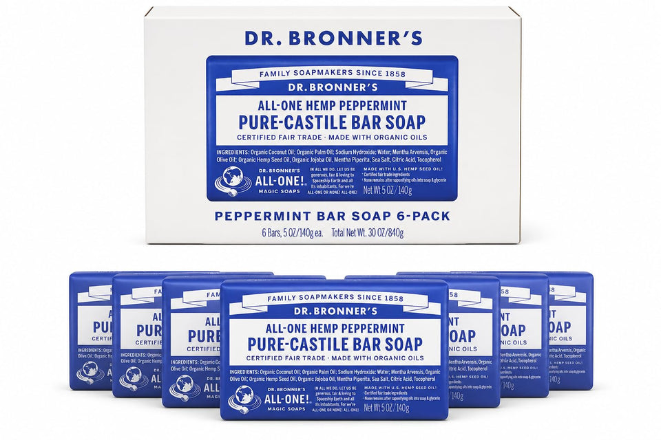 Dr. Bronner's front packaging 6-pack showing value and natural peppermint scent benefits