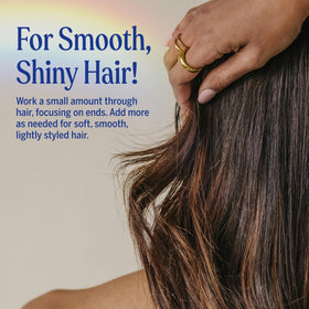 Dr. Bronner's before and after image showing frizz control and shine benefit