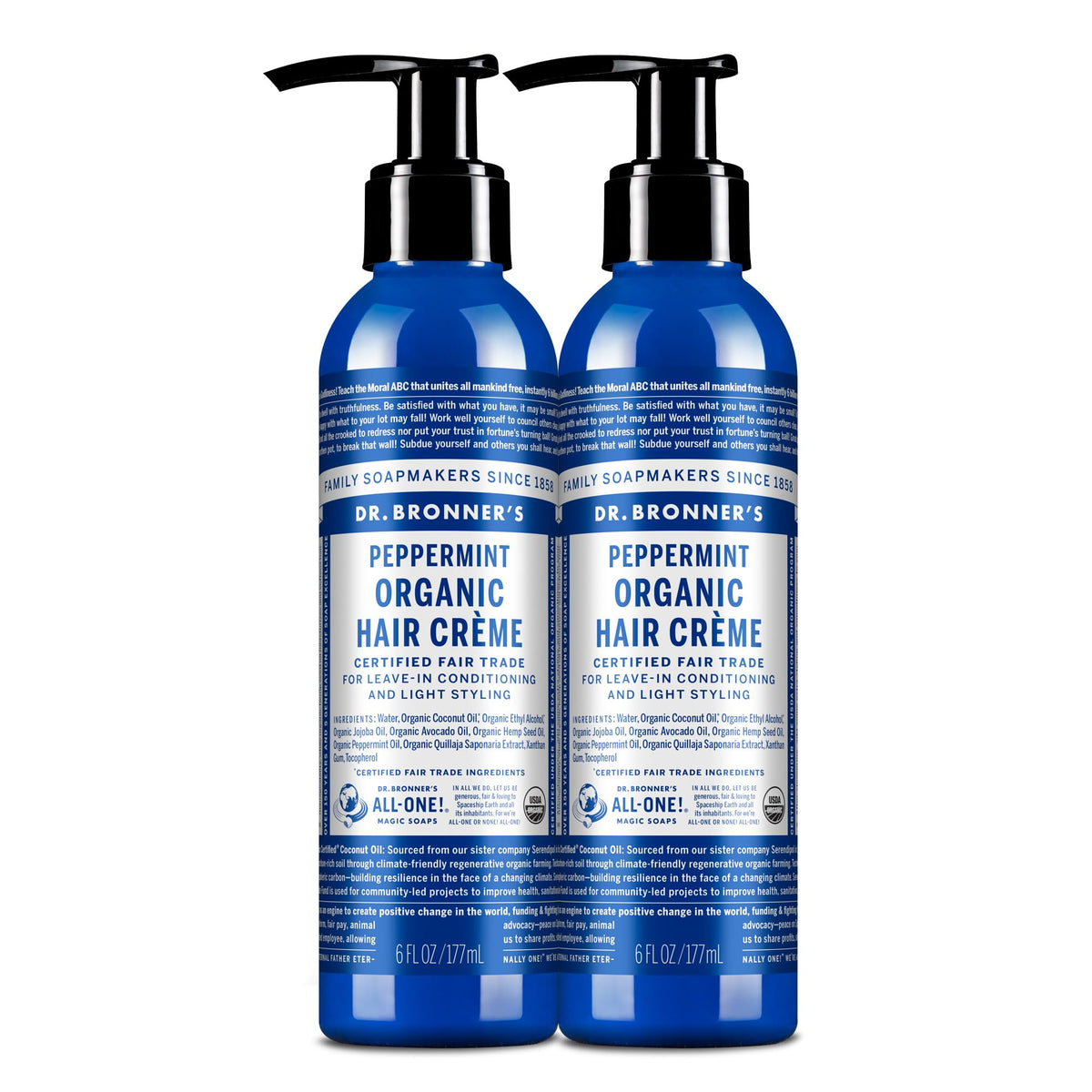 Dr. Bronner's front packaging showing peppermint hair crème and benefits