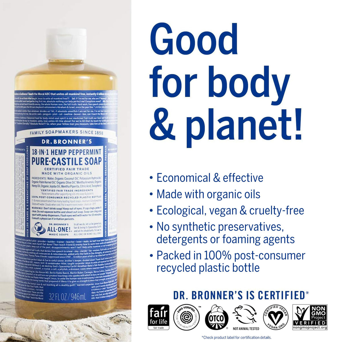 Dr. Bronner's applied to hair ends demonstrating frizz control and shine
