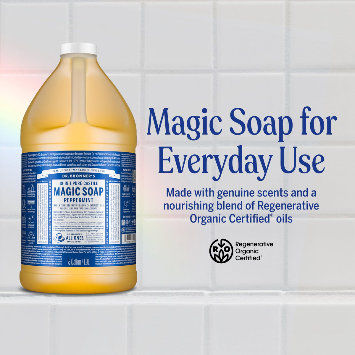 Dr. Bronner's label close-up displaying organic and fair trade ingredients