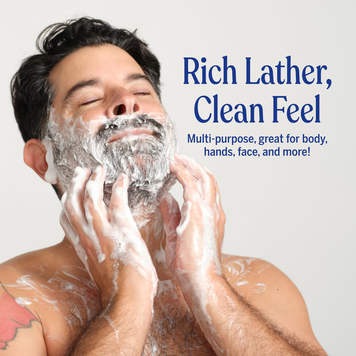Dr. Bronner's foamy lather on hands demonstrating rich clean feel and rinseability