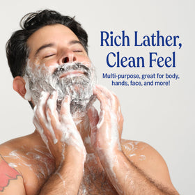 Dr. Bronner's foamy lather on hands demonstrating rich clean feel and rinseability