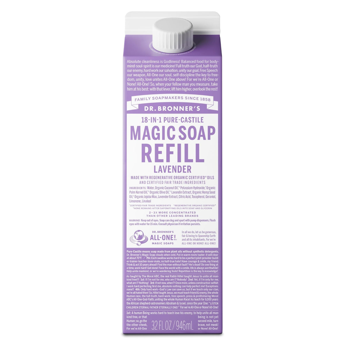 Dr. Bronner's lavender 32oz carton front shows packaging and refill benefit