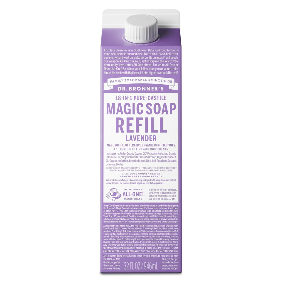 Dr. Bronner's lavender 32oz carton front shows packaging and refill benefit