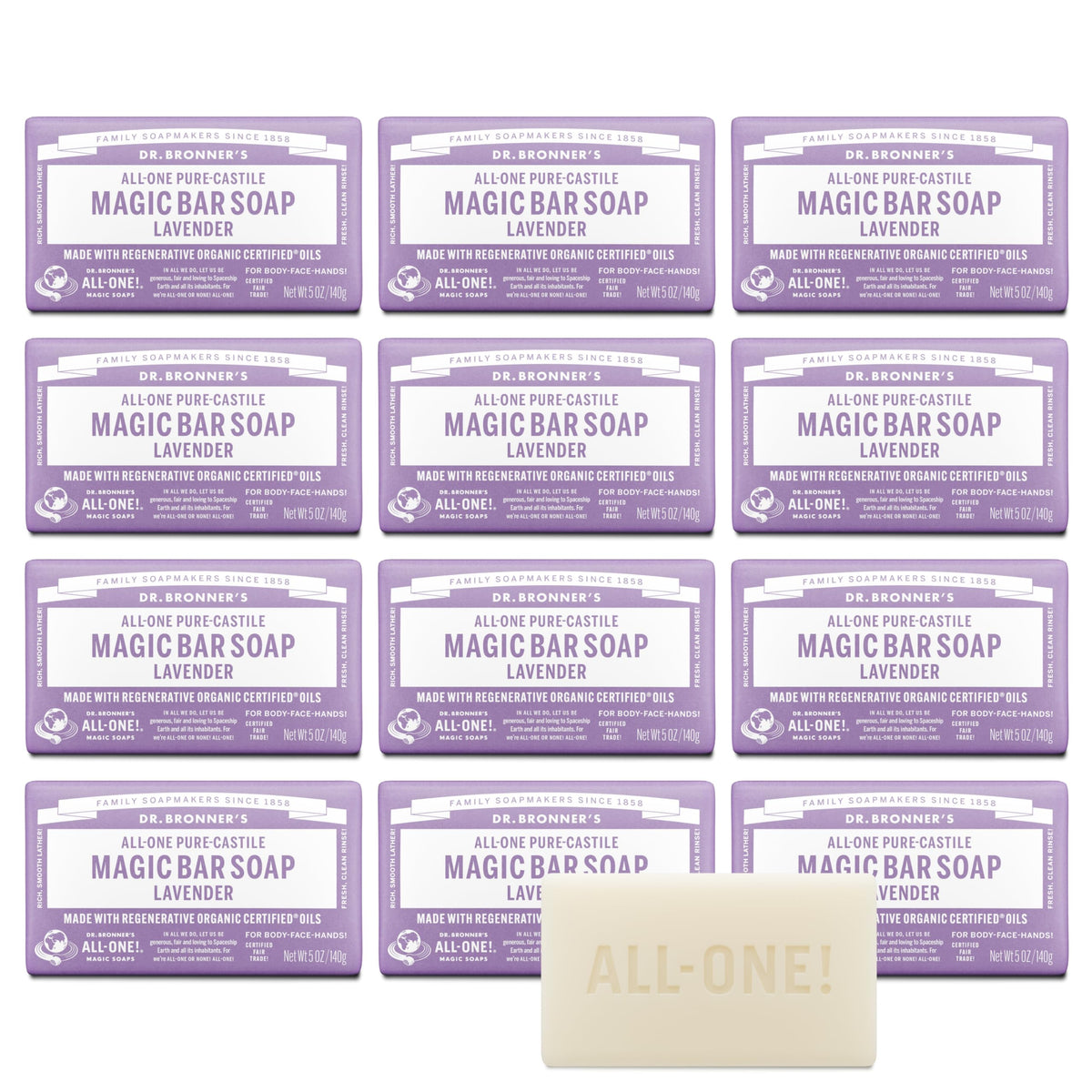 Dr. Bronner's lavender bar front packaging showing product and scent benefits