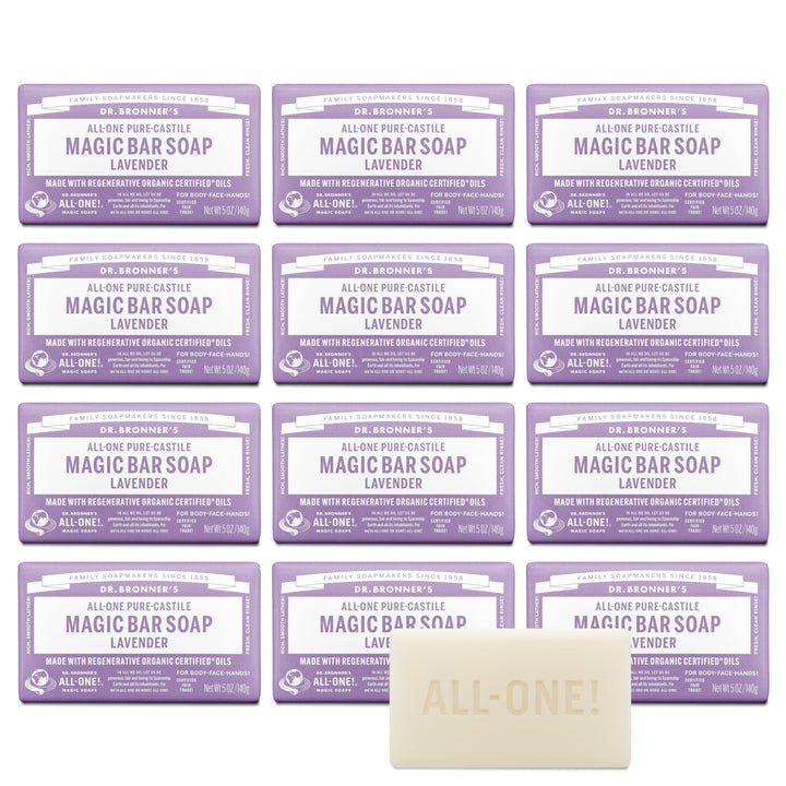 Dr. Bronner's lavender bar front packaging showing product and scent benefits