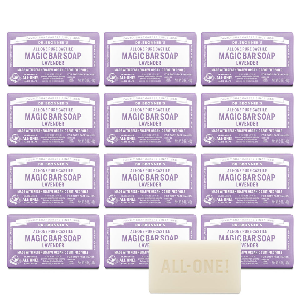Dr. Bronner's lavender bar front packaging showing product and scent benefits