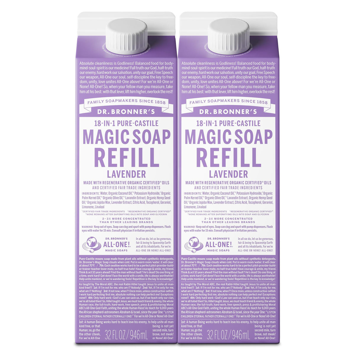 Dr. Bronner's lavender carton front showing packaging and size, highlights refill benefit