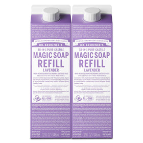 Dr. Bronner's lavender carton front showing packaging and size, highlights refill benefit