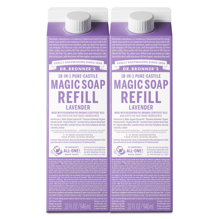 Dr. Bronner's lavender carton front showing packaging and size, highlights refill benefit