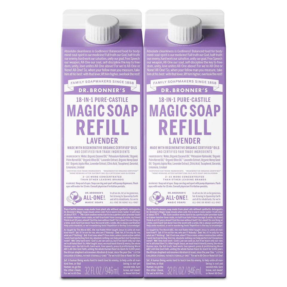 Dr. Bronner's lavender carton front showing packaging and size, highlights refill benefit