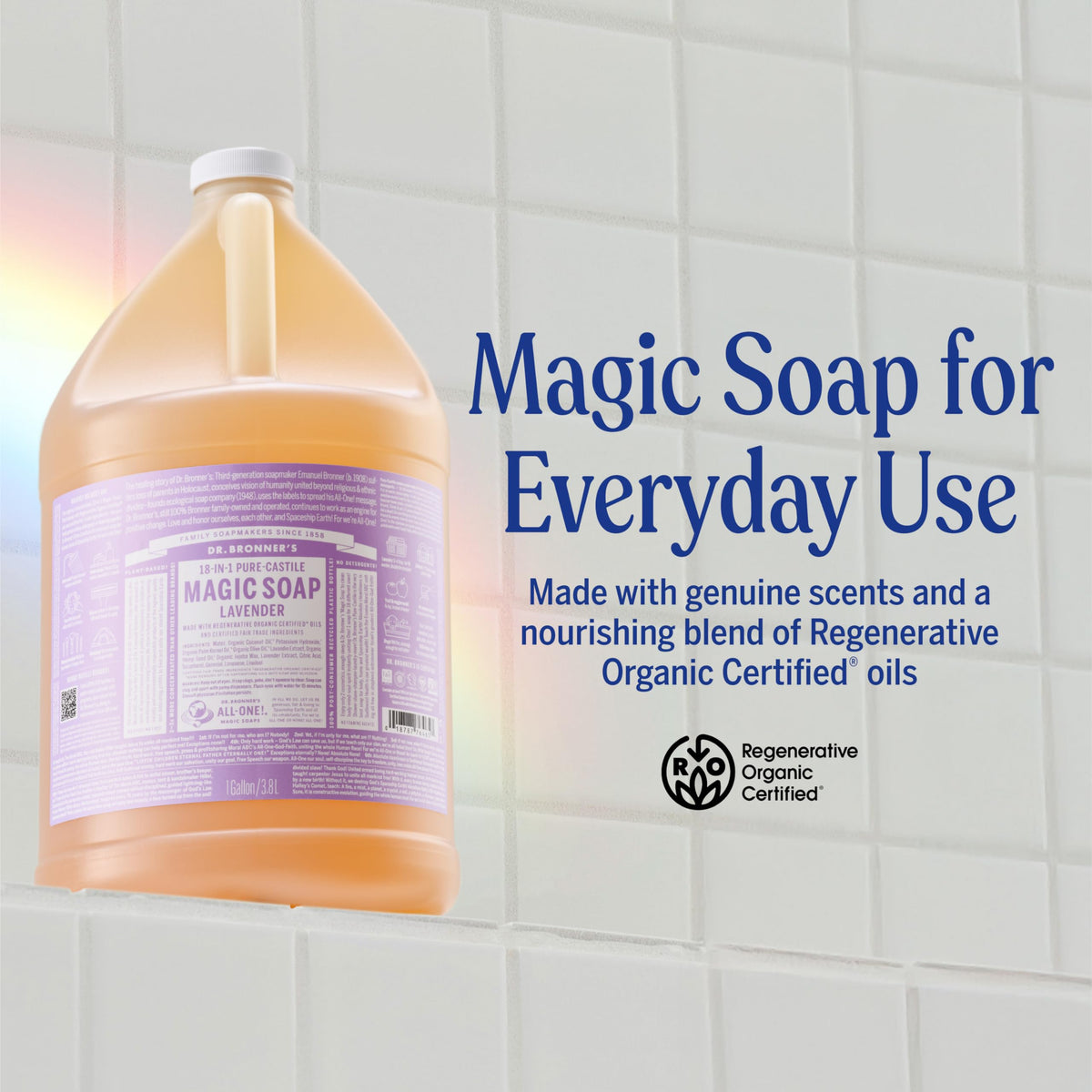 Dr. Bronner's lavender soap pouring to show rich texture and easy dilution benefit