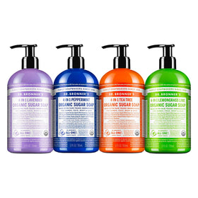 Dr. Bronner's lavender front bottle showing label and scent, promotes calming washes
