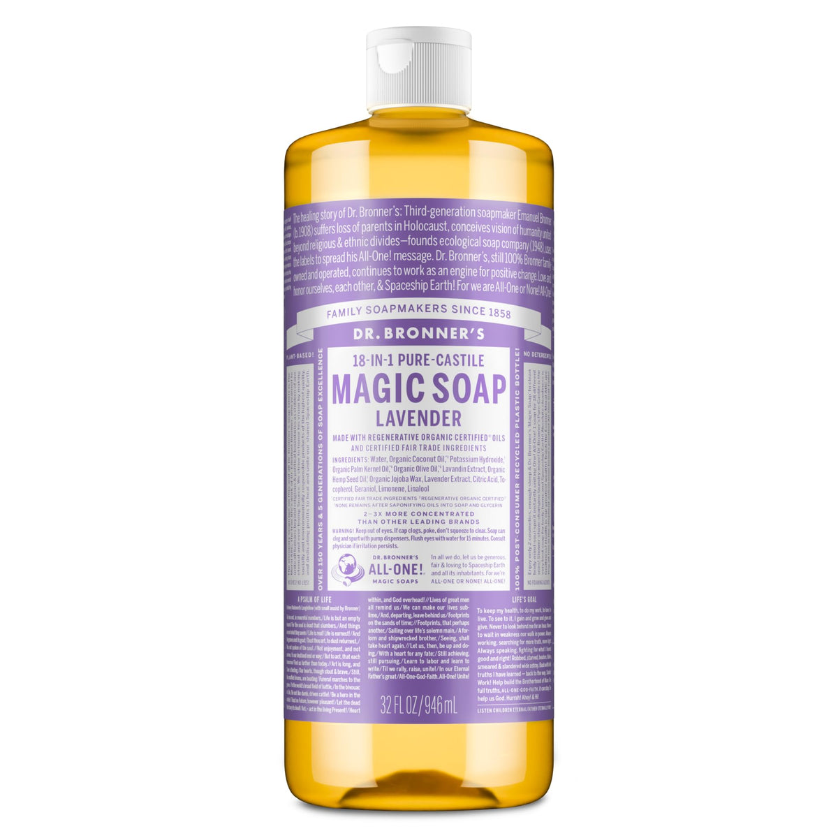 Dr. Bronner's front label of lavender 32 oz showing organic details and benefit