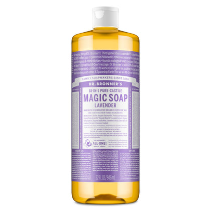 Dr. Bronner's front label of lavender 32 oz showing organic details and benefit