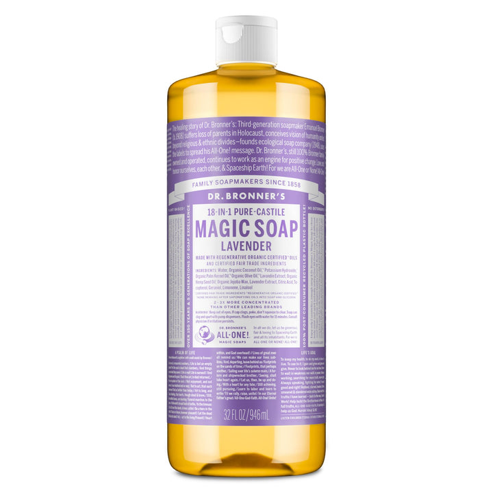 Dr. Bronner's front label of lavender 32 oz showing organic details and benefit