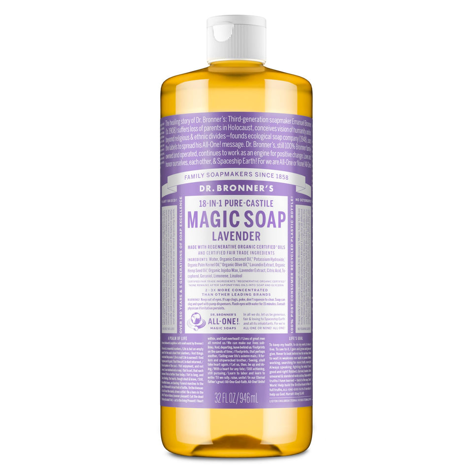 Dr. Bronner's front label of lavender 32 oz showing organic details and benefit