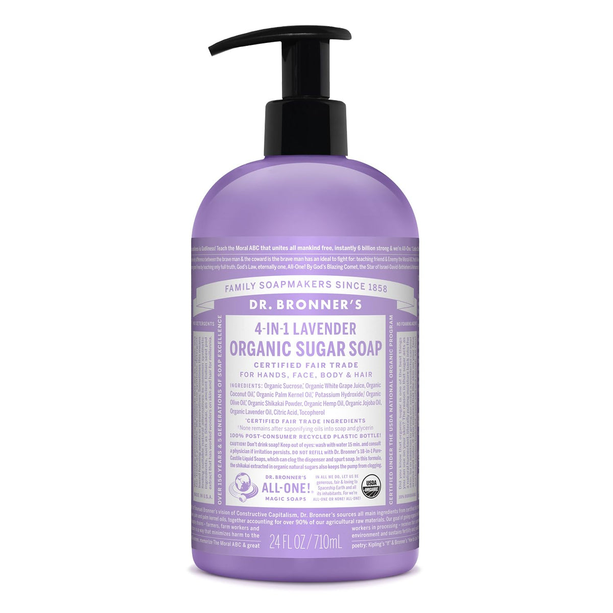 Dr. Bronner's front label showing lavender scent and benefits