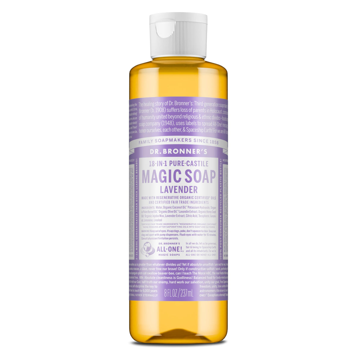 Dr. Bronner's lavender front label showing product and scent benefits