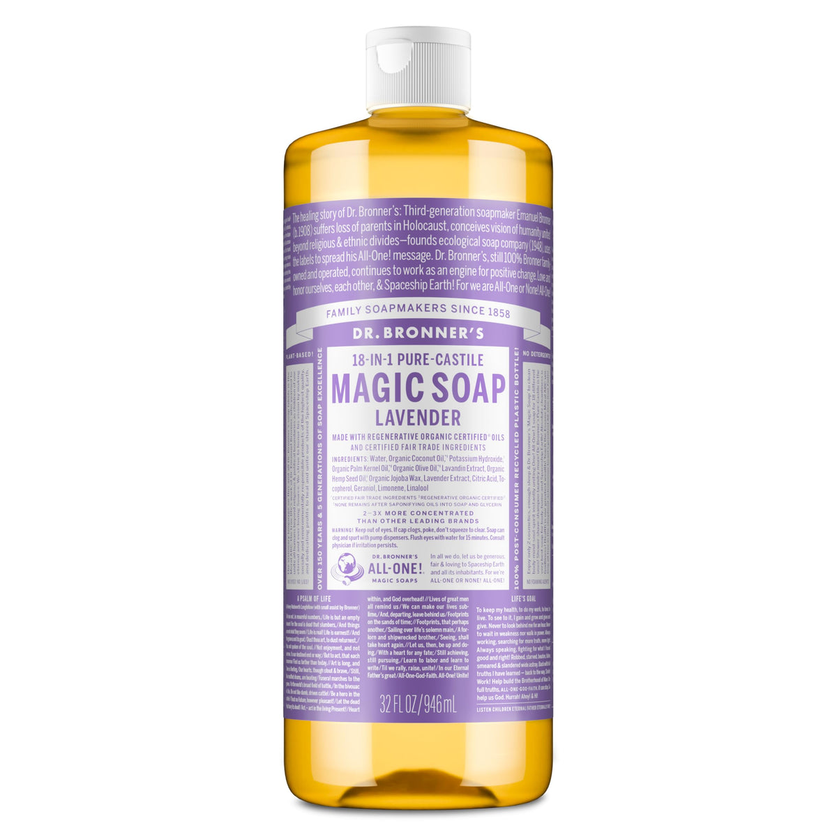 Dr. Bronner's lavender front label showing product identity and scent benefit