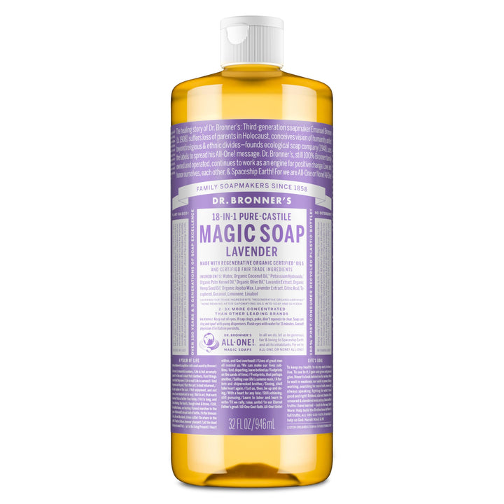 Dr. Bronner's lavender front label showing product identity and scent benefit