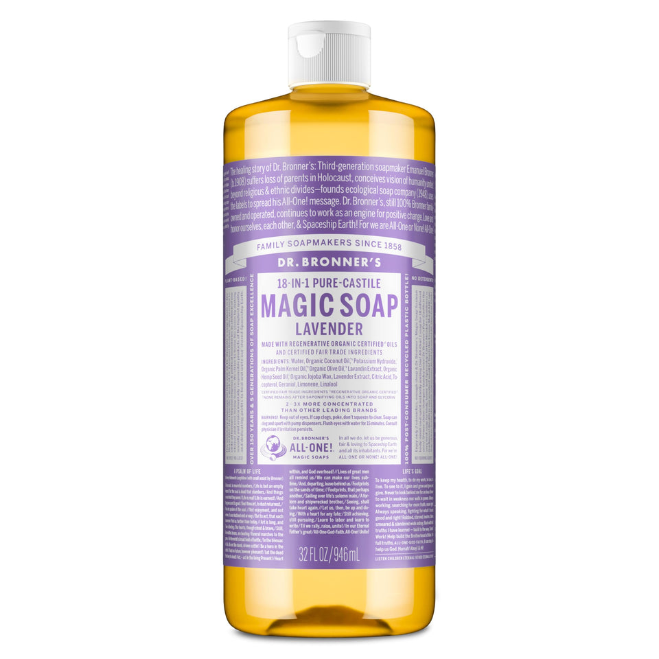 Dr. Bronner's lavender front label showing product identity and scent benefit