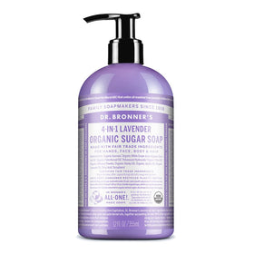 Dr. Bronner's lavender front label showing organic ingredients and benefits