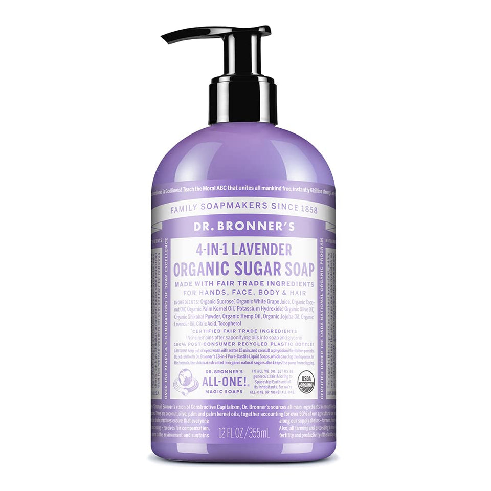 Dr. Bronner's lavender front label showing organic ingredients and benefits