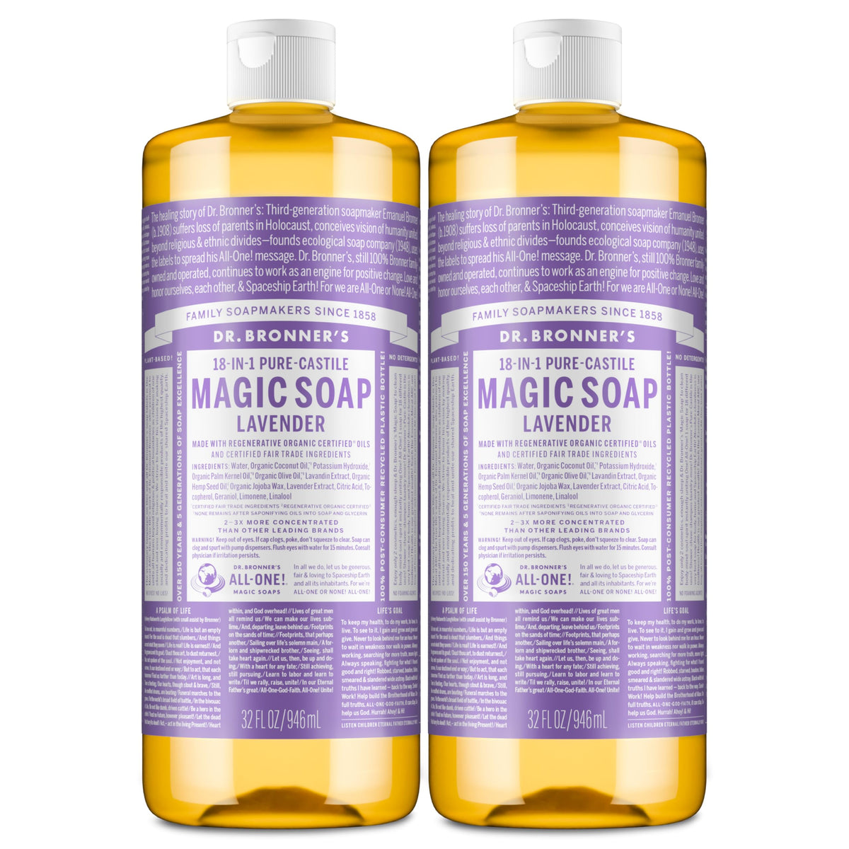 Dr. Bronner's lavender front packaging showing dual 32-ounce bottles and brand